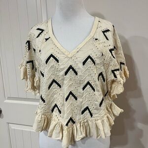 Pepin Cream and Black Chevron ruffle Blouse